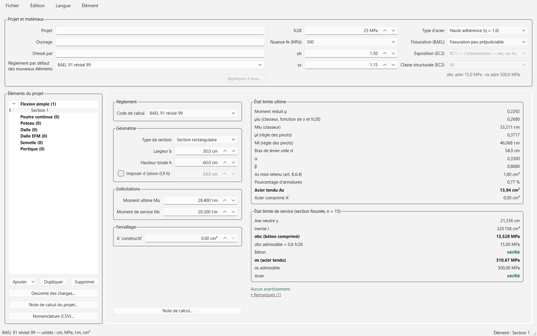 La page Flexion simple : une section 30 × 60 au BAEL.