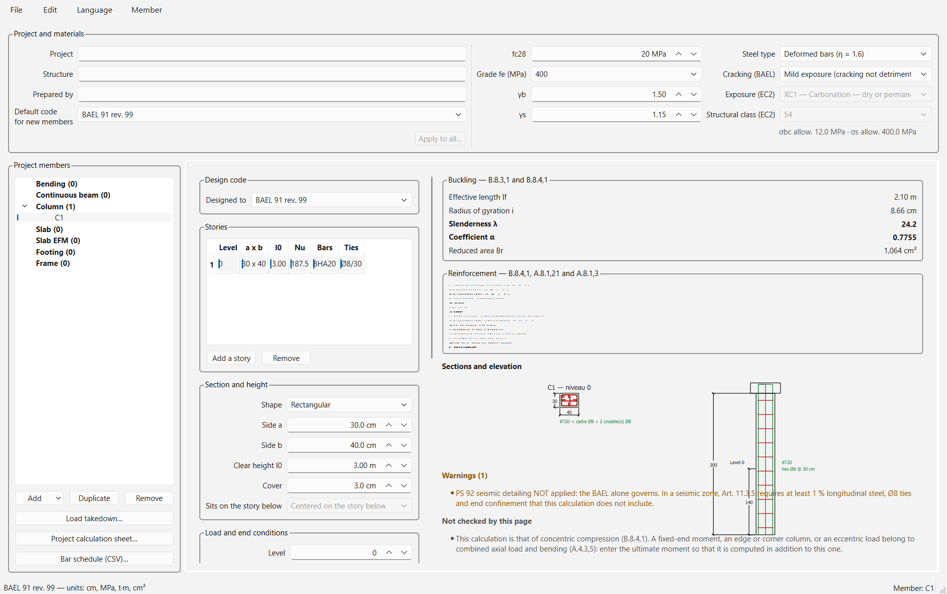 The Column page: a 30 × 40 column to BAEL, section and elevation.