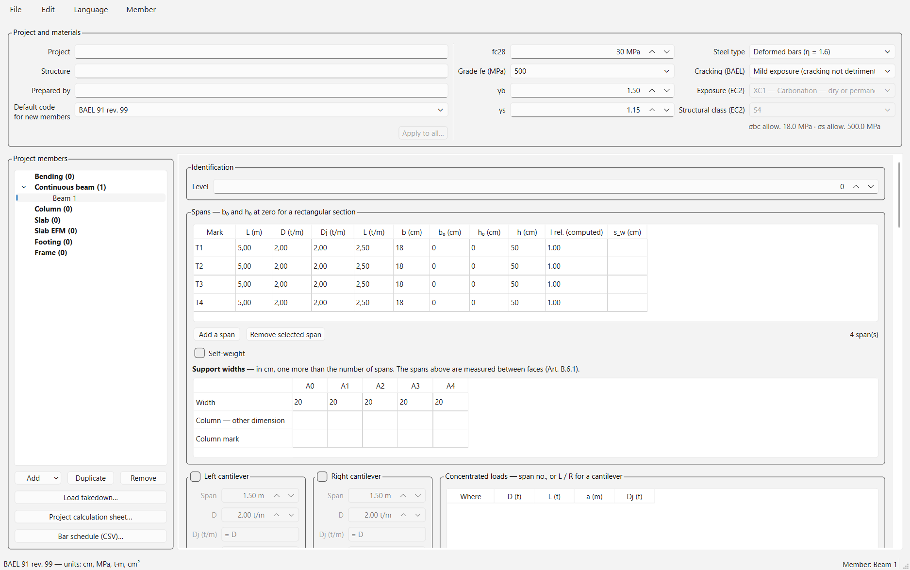 Input: four spans, support widths, cantilevers, concentrated loads.